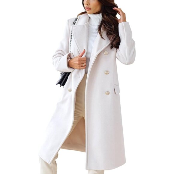 Women's White Winter Jacket Double-Breasted Wool Blend Warm Long Trench Coat - Picture 1 of 6